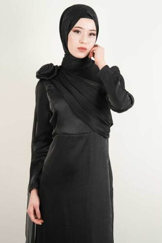 Yeni Çıkan Abiye Model Ön Çapraz Drapeli Kuyruklu Abiye Siyah - 2