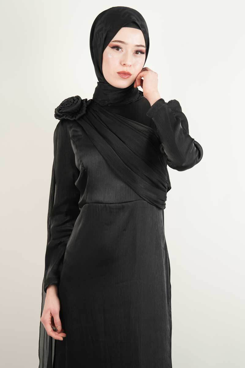 Yeni Çıkan Abiye Model Ön Çapraz Drapeli Kuyruklu Abiye Siyah - 2