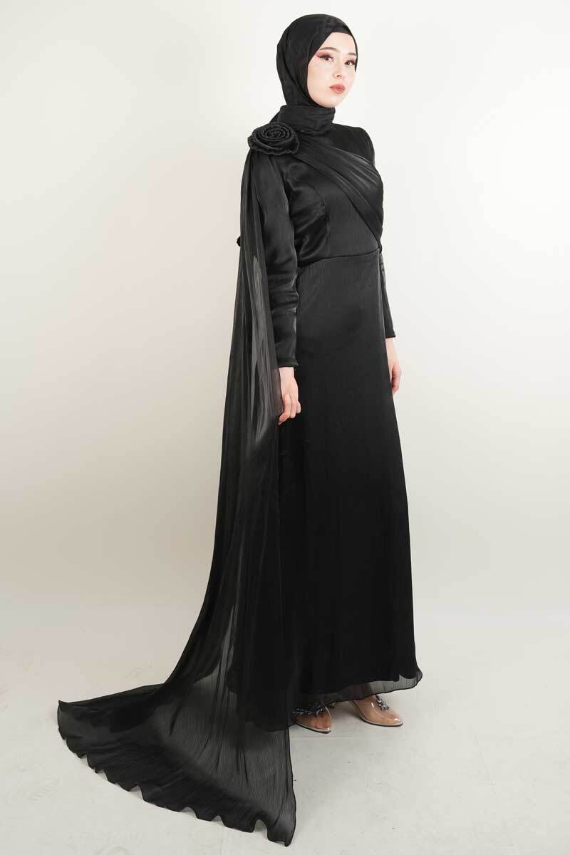 Yeni Çıkan Abiye Model Ön Çapraz Drapeli Kuyruklu Abiye Siyah - 3
