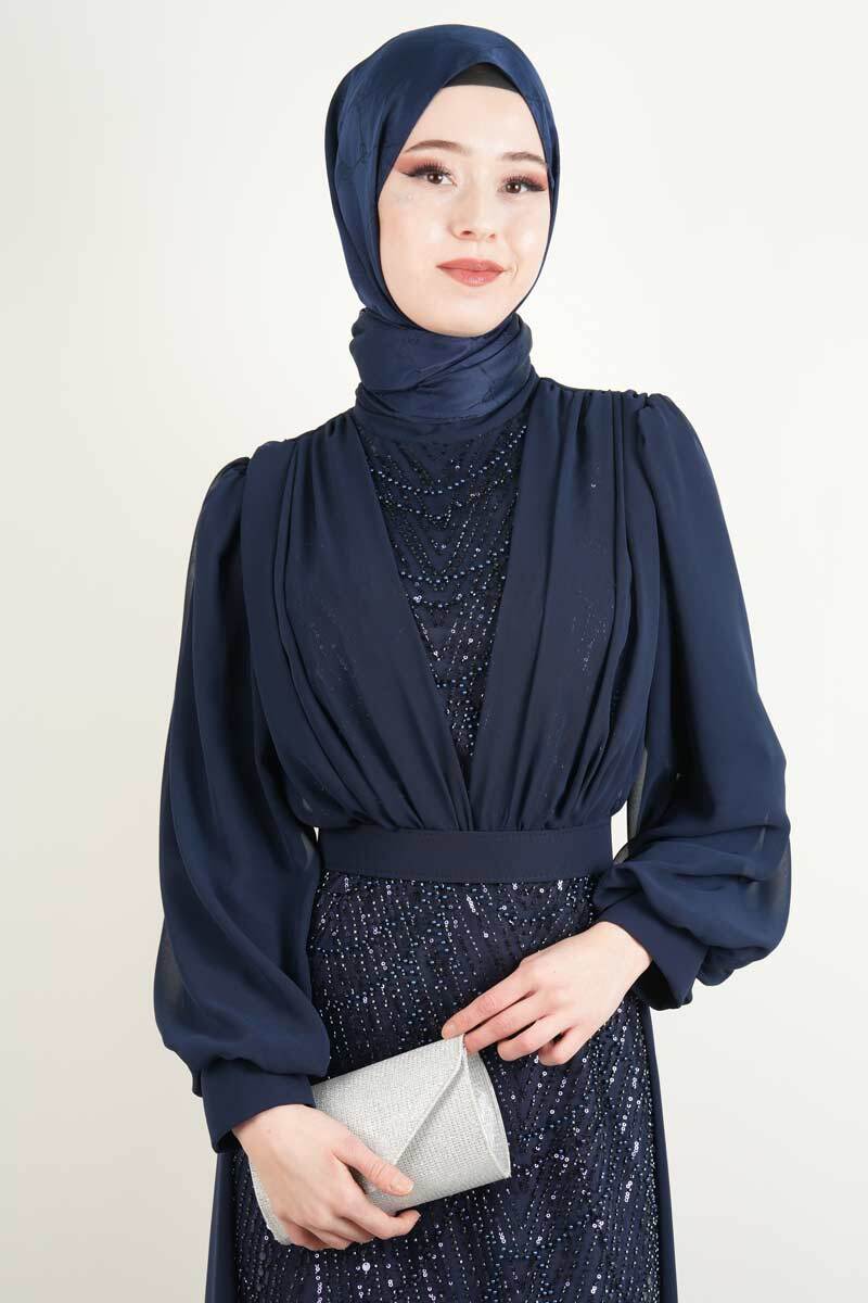 Yeni Çıkan Kalem Abiye Model Şifon Pelerinli Abiye Lacivert - 2
