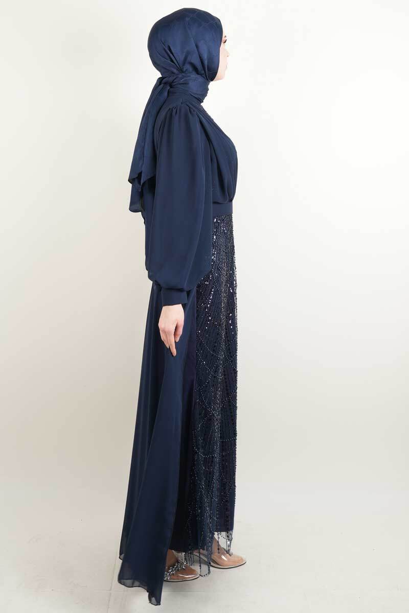 Yeni Çıkan Kalem Abiye Model Şifon Pelerinli Abiye Lacivert - 3