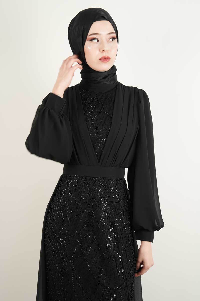 Yeni Çıkan Kalem Abiye Model Şifon Pelerinli Abiye Siyah - 2