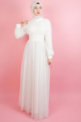 Yeni Çıkan Tüllü Abiye Model Sade Abiye Beyaz 