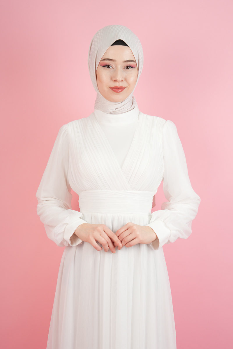 Yeni Çıkan Tüllü Abiye Model Sade Abiye Beyaz - 3