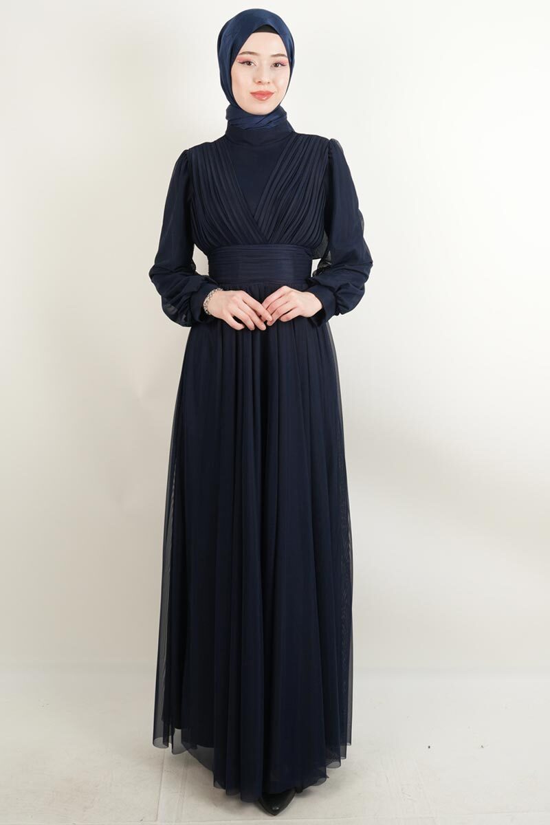 Yeni Çıkan Tüllü Abiye Model Sade Abiye Lacivert - 1