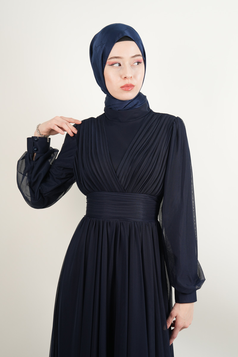 Yeni Çıkan Tüllü Abiye Model Sade Abiye Lacivert - 3