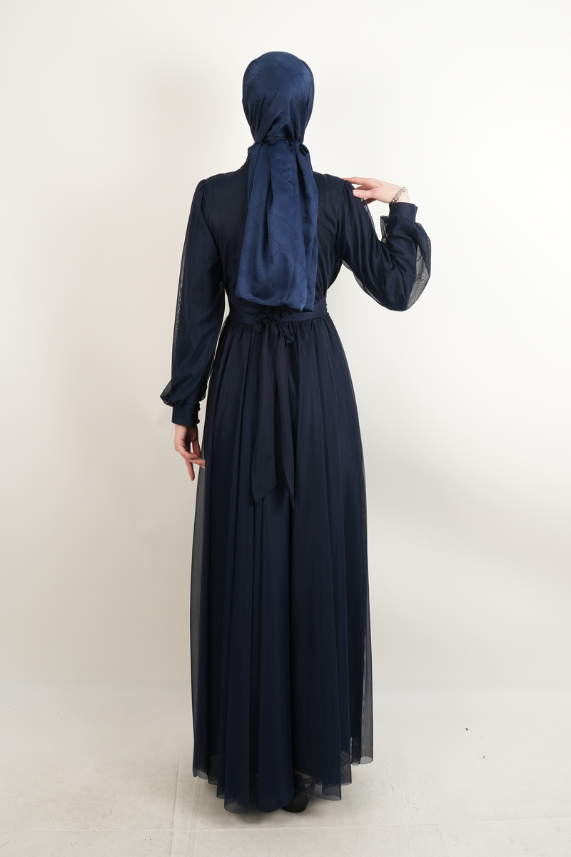 Yeni Çıkan Tüllü Abiye Model Sade Abiye Lacivert - 4