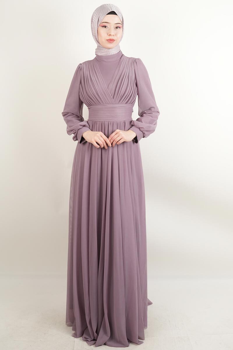 Yeni Çıkan Tüllü Abiye Model Sade Abiye Lila - 1