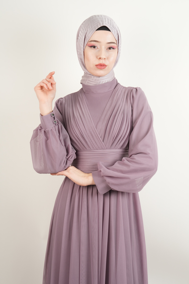 Yeni Çıkan Tüllü Abiye Model Sade Abiye Lila - 4