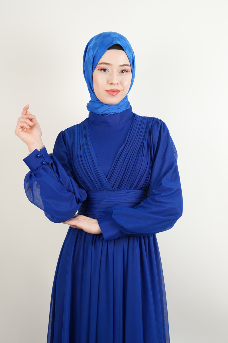 Yeni Çıkan Tüllü Abiye Model Sade Abiye Mavi - 3