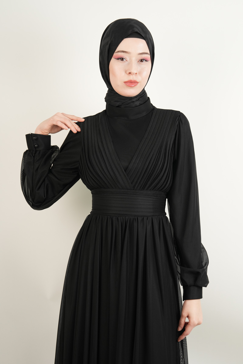 Yeni Çıkan Tüllü Abiye Model Sade Abiye Siyah - 3