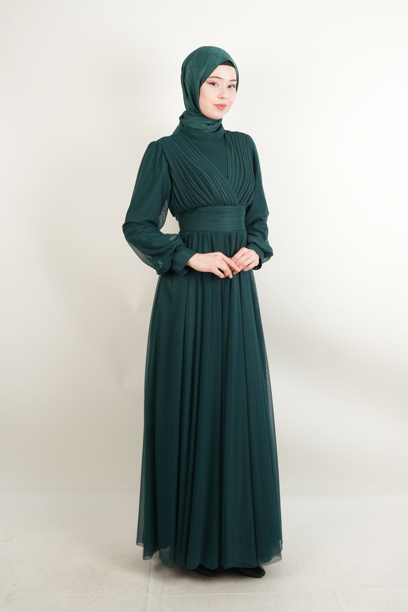 Yeni Çıkan Tüllü Abiye Model Sade Abiye Zümrüt - 2