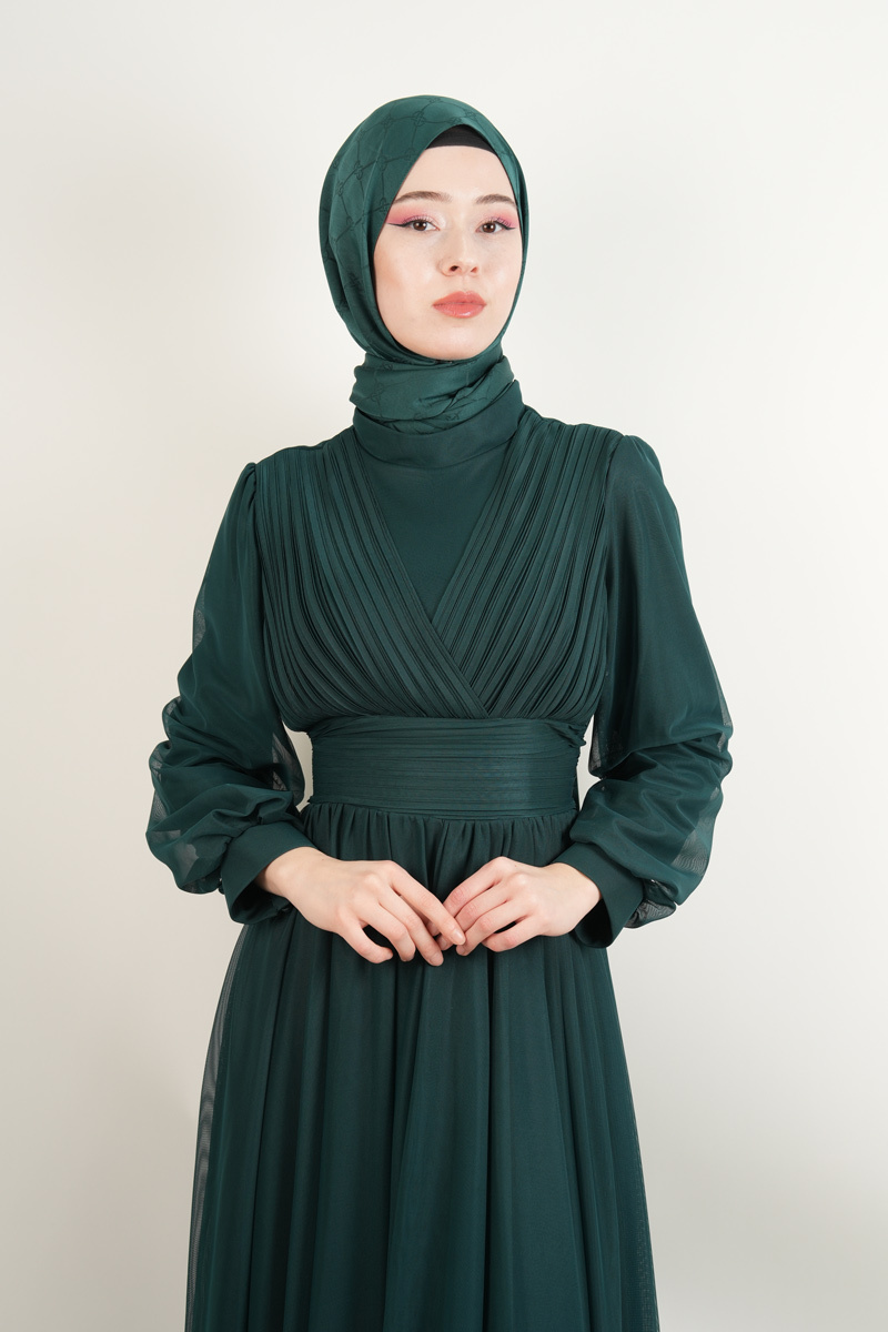 Yeni Çıkan Tüllü Abiye Model Sade Abiye Zümrüt - 3