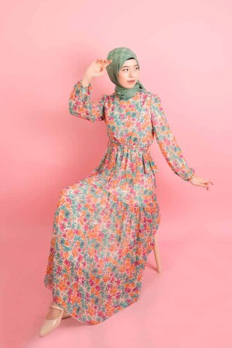 Yeni Koleksiyon Astarlı Şifon Kır Çiçeği Model Pembe 