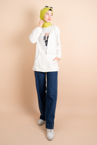 Yıldız Fermuar Detaylı kapüşonlu 2 ip Sweat Ceket Beyaz - 03Kız Kulesi Teks