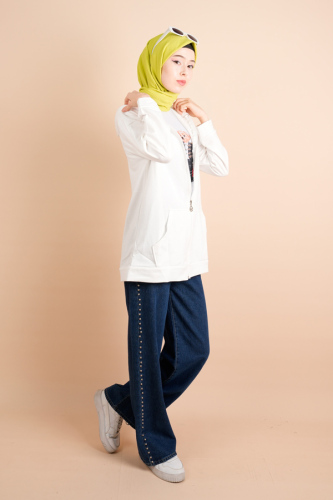 Yıldız Fermuar Detaylı kapüşonlu 2 ip Sweat Ceket Beyaz - 03Kız Kulesi Teks (1)