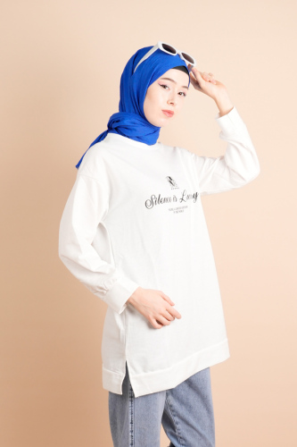 Yırtmaç Detaylı Düz Sweat Slence Beyaz - 03Kız Kulesi Teks (1)