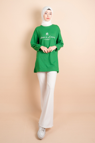 Yırtmaç Detaylı Düz Sweat Slence Yeşil - 03Kız Kulesi Teks