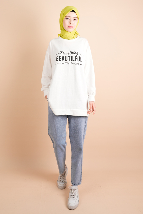 Yırtmaç Detaylı Düz Sweat Something Sweat Beyaz - 1
