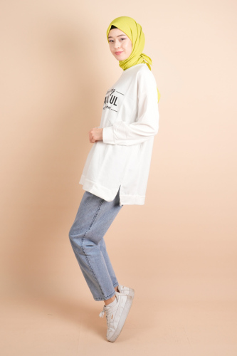 Yırtmaç Detaylı Düz Sweat Something Sweat Beyaz - 03Kız Kulesi Teks (1)