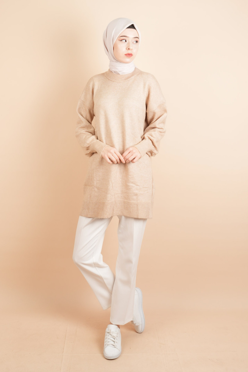 Yumoş Tesettür Tunik Basic Düz Tunik Kazak Açık Kahverengi - 2