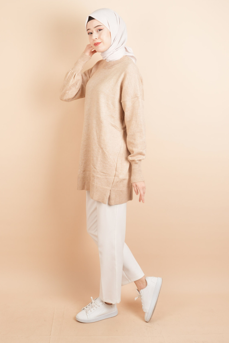 Yumoş Tesettür Tunik Basic Düz Tunik Kazak Açık Kahverengi - 3